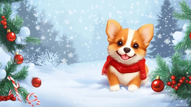 Winter wonderland background with a cheerful puppy and Christmas decorations.