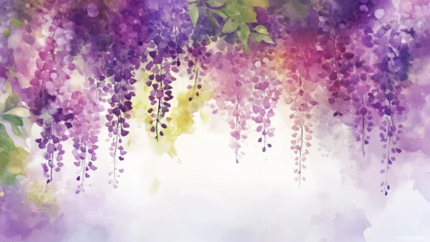 Wisteria clusters falling diagonally across soft watercolor background.