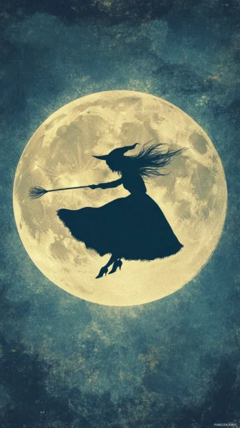 Witch flying across moonlit sky in retro Halloween wallpaper with grainy texture.
