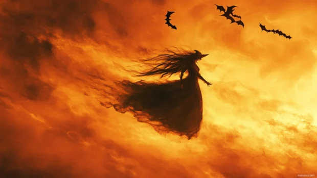 Witch flying past an orange sky as bats swirl around her.