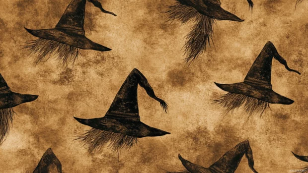 Witch hat and broom icon repeated in warm sepia wallpaper.