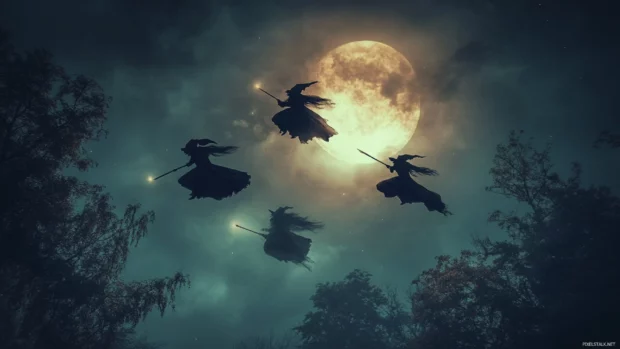 Witches flying across the night sky, Halloween PC Wallpapers concept.