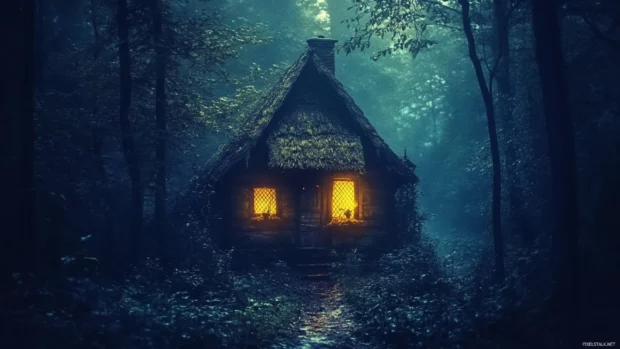 Witchs hut glowing warmly in the middle of a dark forest.