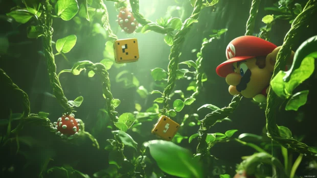 With Koopas scrambling below, the Mario Bros descend from vines in search of hidden blocks.