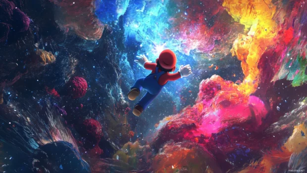 With a bold leap, Mario catches a rare celestial star and the world around him explodes with color.