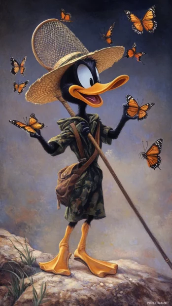 With a butterfly net and safari hat, Daffy Duck chases butterflies that land on his head.