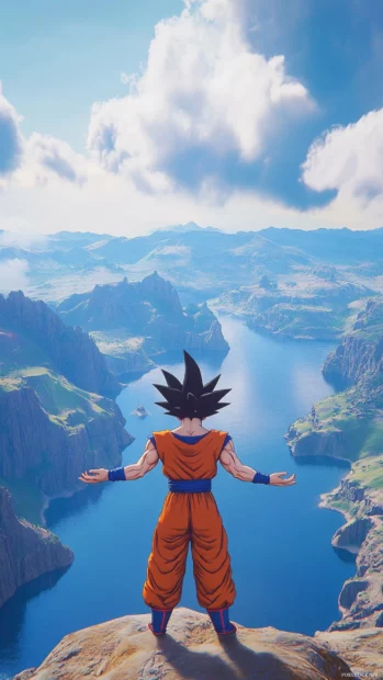 With a calm breath, Goku lowers his arms and lets the wind settle.