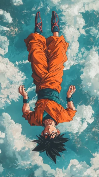 With a calm expression, Goku floats upside down in the air mid meditation pose.