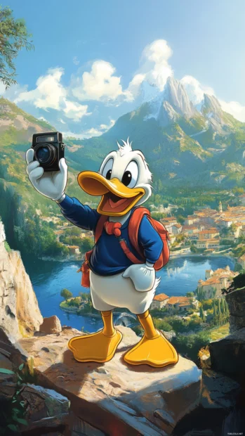 With a camera in hand, Donald Duck takes a selfie near a cartoon mountain.