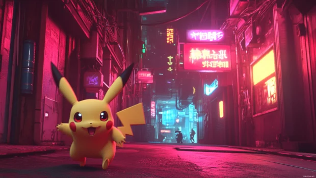 With a determined look, Pikachu runs through a neon lit street in a futuristic city.