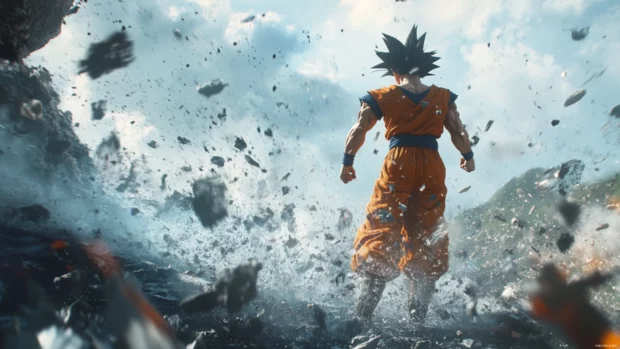 With a flick of his wrist, Goku dismisses a wave of debris while standing confidently.