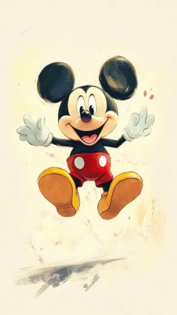 With a light yellow backdrop Cute Mickey Mouse jumps joyfully.