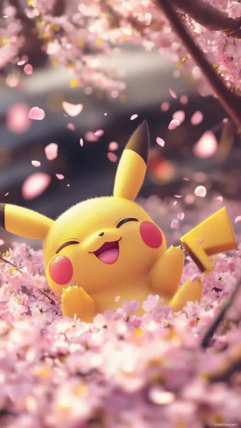 With a little sleepy yawn, Pikachu curls up in a blanket of fallen cherry blossoms.