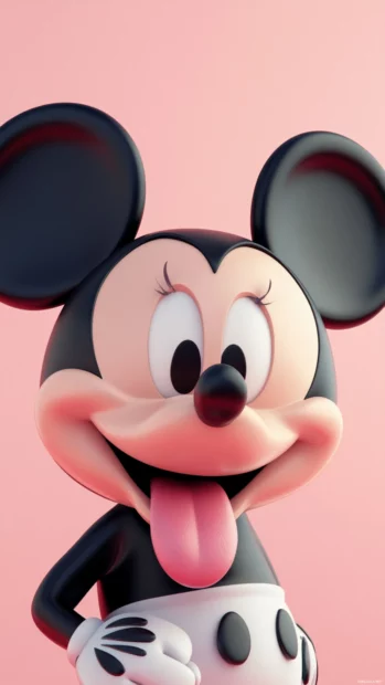 With a pale coral backdrop, Cute Mickey Mouse sticks out his tongue playfully.