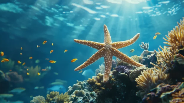 With a peaceful underwater ambiance, a starfish clings to a coral reef, its spiny arms spread out as small fish swim around.