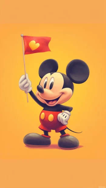 With a soft orange background, Cute Mickey Mouse waves a tiny flag.