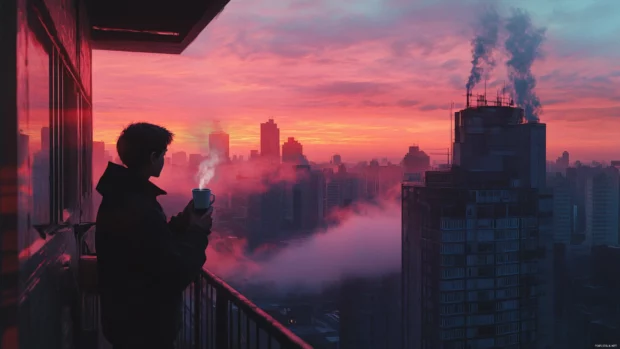With a steaming coffee cup in hand, the boy watches the sunrise from a high rise balcony.