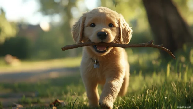 With a stick in its mouth, the puppy proudly struts through a park.