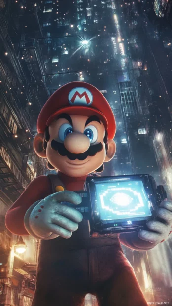 With a tech mask and wrist gauntlet, Mario hacks into a glowing control panel in the sky.