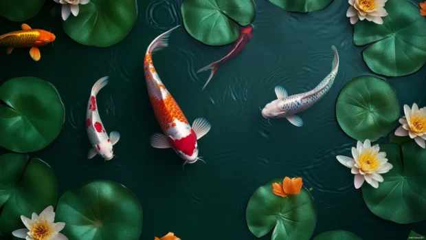 With a variety of koi fish in vivid colors moving gracefully, this top view captures a koi pond featuring green lily pads and floating flowers.