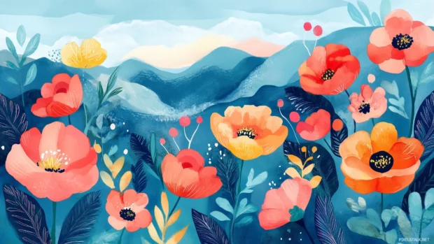 With blooming flowers, a floral watercolor background.