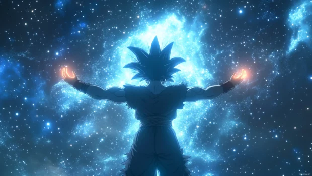 With both arms stretched outward, Goku glows against a field of stars in total silence.