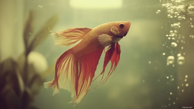 With bubbles rising in the background, the soft lighting of a serene aquarium highlights the glowing fins of a majestic betta fish.