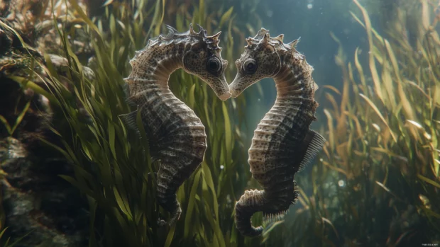 With delicate details of their texture and tails wrapped around the plants in a serene underwater setting, a pair of seahorses cling to seagrass.