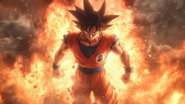 With dust swirling around him, Goku charges forward through an explosion with fierce determination.