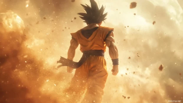 With dust swirling beneath him, Goku lifts off the ground in complete stillness.