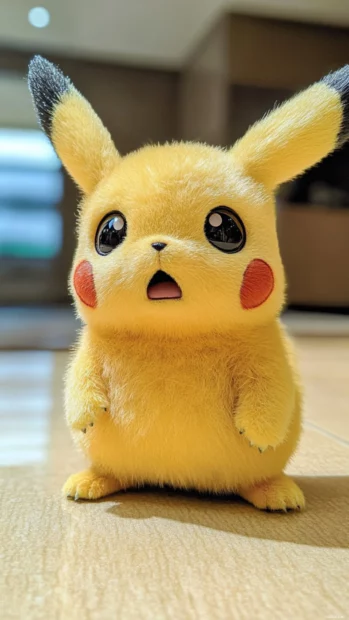 With ears tilted forward, Pikachu listens on a pale yellow floor in a neutral mood.