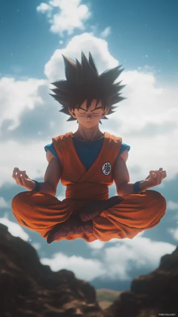 With eyes closed, Son Goku meditates in midair as his aura pulses softly.