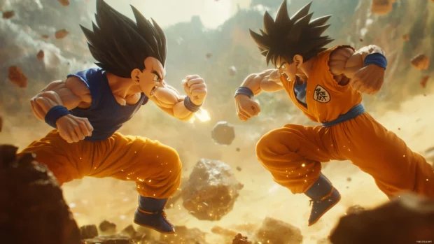 With fists clenched and jaws set, Goku and Vegeta prepare to launch toward the enemy together.