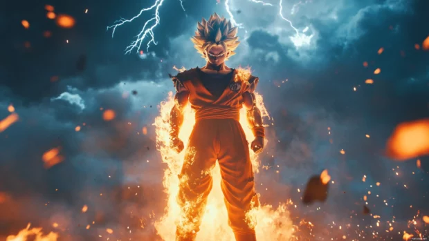 With flames at his feet and lightning above, Goku stands unwavering in Super Saiyan form.