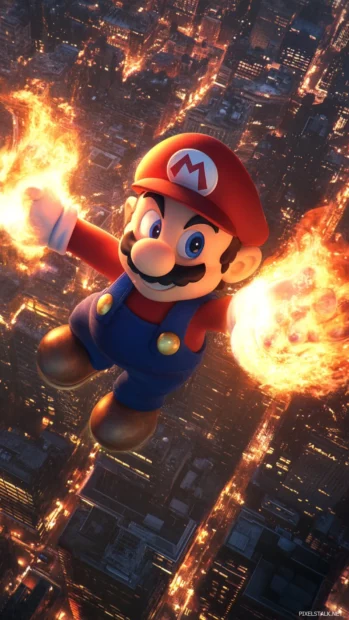 With flames in both hands, Mario floats above the city like a champion of light.