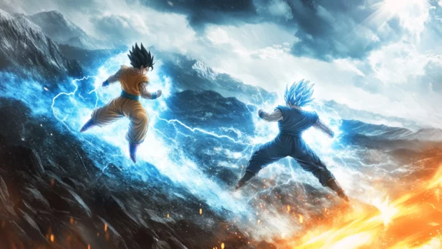 With glowing auras, Goku and Vegeta race past mountains trailing lightning and sparks.