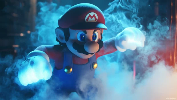 With glowing gloves and a determined face, Mario bursts through a wall of smoke.