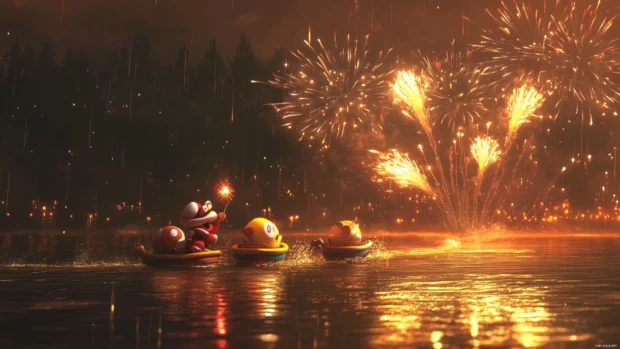 With help from friendly Toads, the Mario Bros launch fireworks after winning a team race.