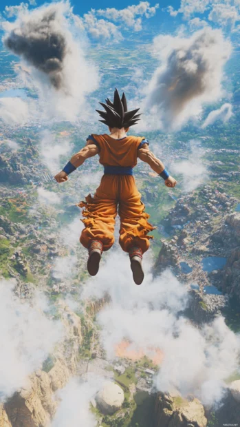 With his arms relaxed, Goku floats above the battlefield with wind brushing past his clothes.