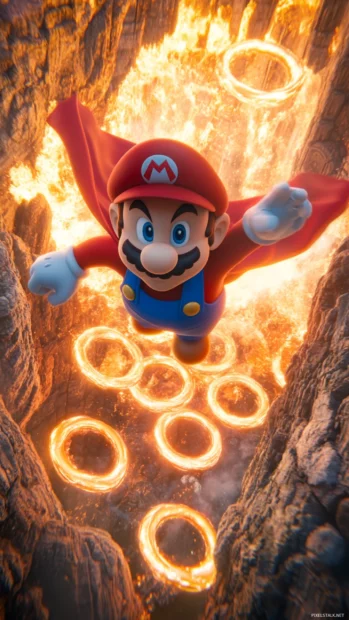 With his cape billowing, Super Mario flies upward through a canyon of fire rings.