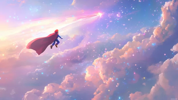 With his cape extended, Mario soars over a pastel dreamscape of floating stars.