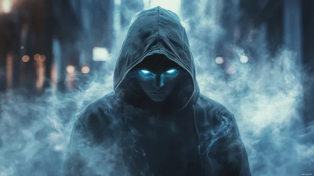 With his hood up and eyes glowing faintly, the boy disappears into the urban mist.