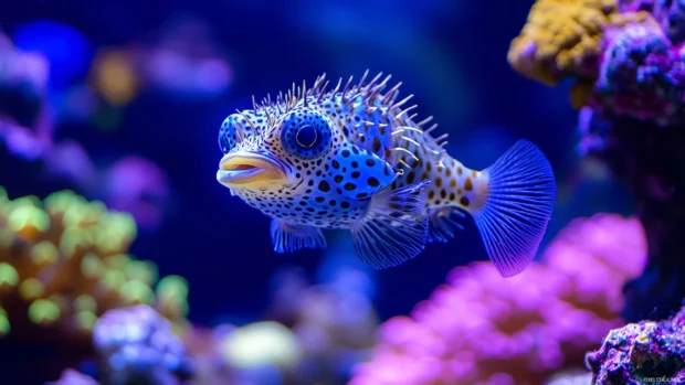 With intricate textures on its skin and its spines slightly raised as it hovers near colorful coral, a pufferfish is seen in an underwater close up.