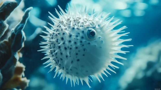 With its spiky body inflated, a close up captures a pufferfish in the ocean drifting calmly in clear water surrounded by soft blue hues.