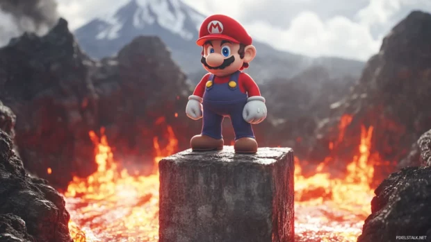 With lava glowing below, Mario stands alone on a stone pillar looking unfazed.