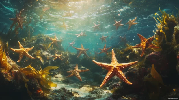 With multiple starfish scattered across the ocean floor, a serene underwater scene showcases their contrasting shapes and colors against the surrounding coral and seaweed.