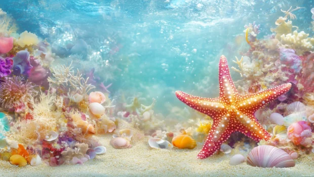 With ocean light filtering down, a vibrant starfish rests on a sandy ocean floor surrounded by soft coral and colorful seashells.