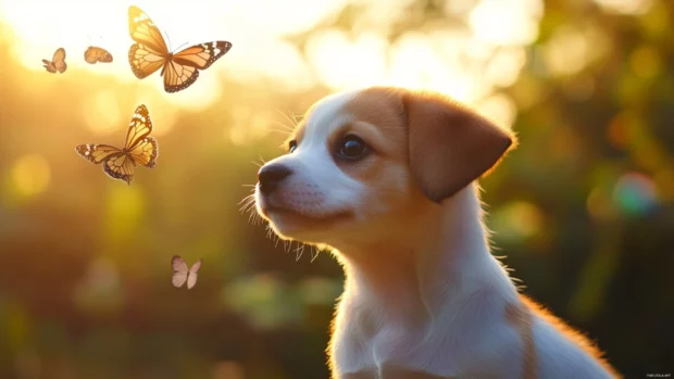 With one ear flopped over, the cute puppy gazes at butterflies dancing above.