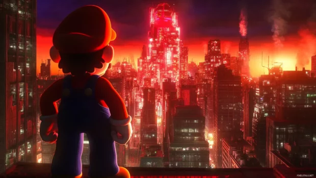 With one hand in his pocket, Mario looks out over a cyberpunk skyline glowing in red.
