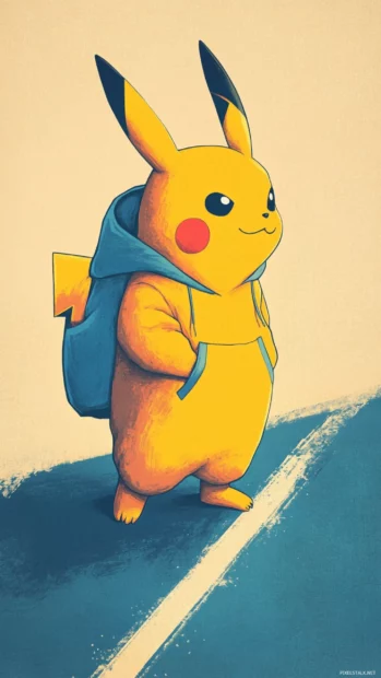 With one paw in his hoodie pocket, Pikachu strolls confidently across a minimalist path.